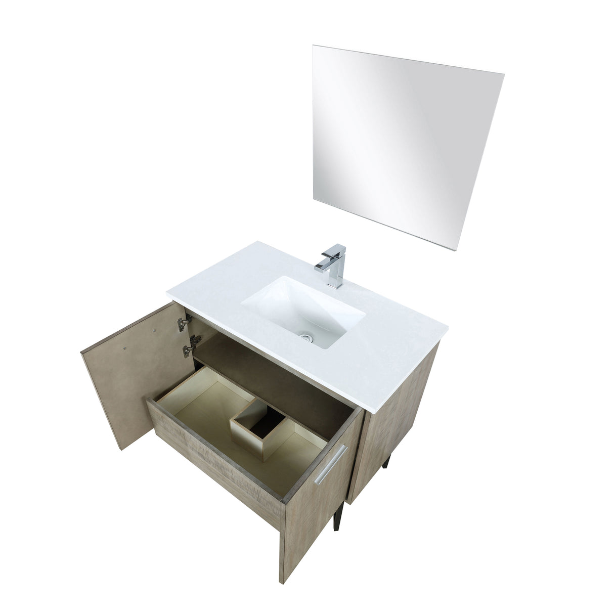 Lancy 36" Rustic Acacia Bathroom Vanity, White Quartz Top, White Square Sink, Monte Chrome Faucet Set, and 28" Frameless Mirror