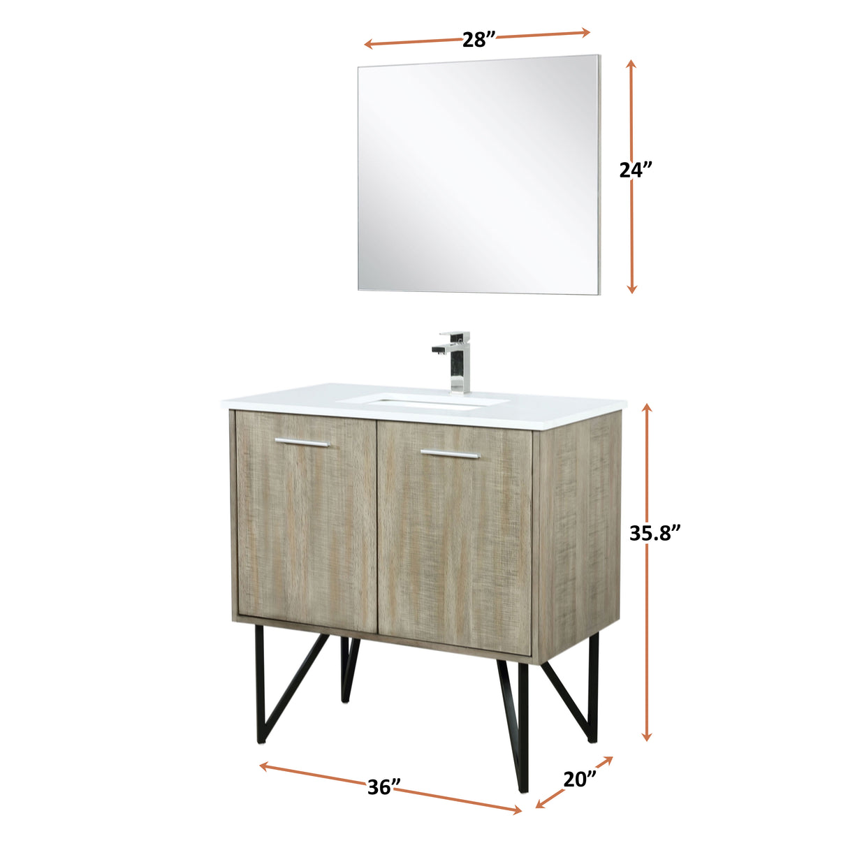 Lancy 36" Rustic Acacia Bathroom Vanity, White Quartz Top, White Square Sink, Monte Chrome Faucet Set, and 28" Frameless Mirror