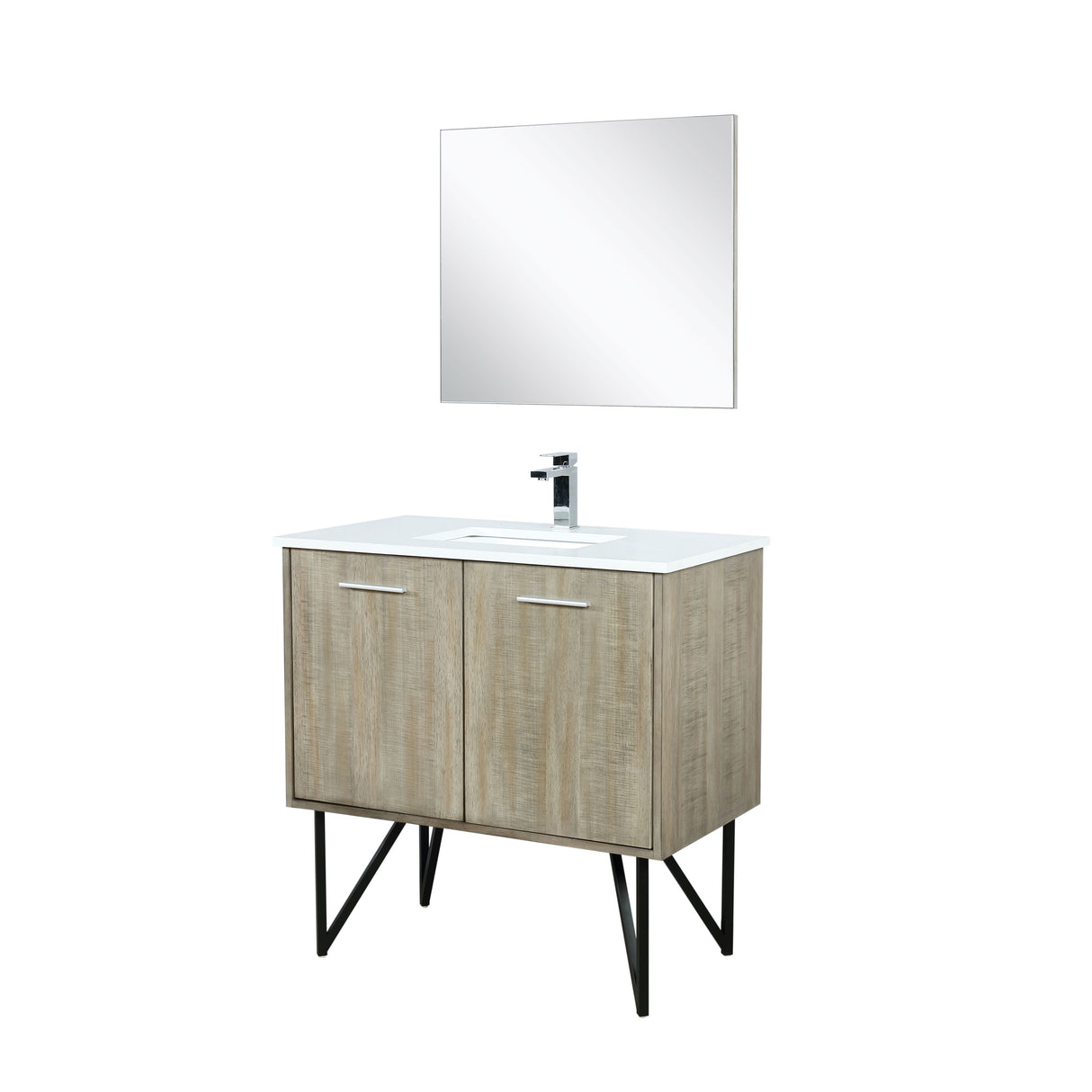 Lancy 36" Rustic Acacia Bathroom Vanity, White Quartz Top, White Square Sink, Monte Chrome Faucet Set, and 28" Frameless Mirror