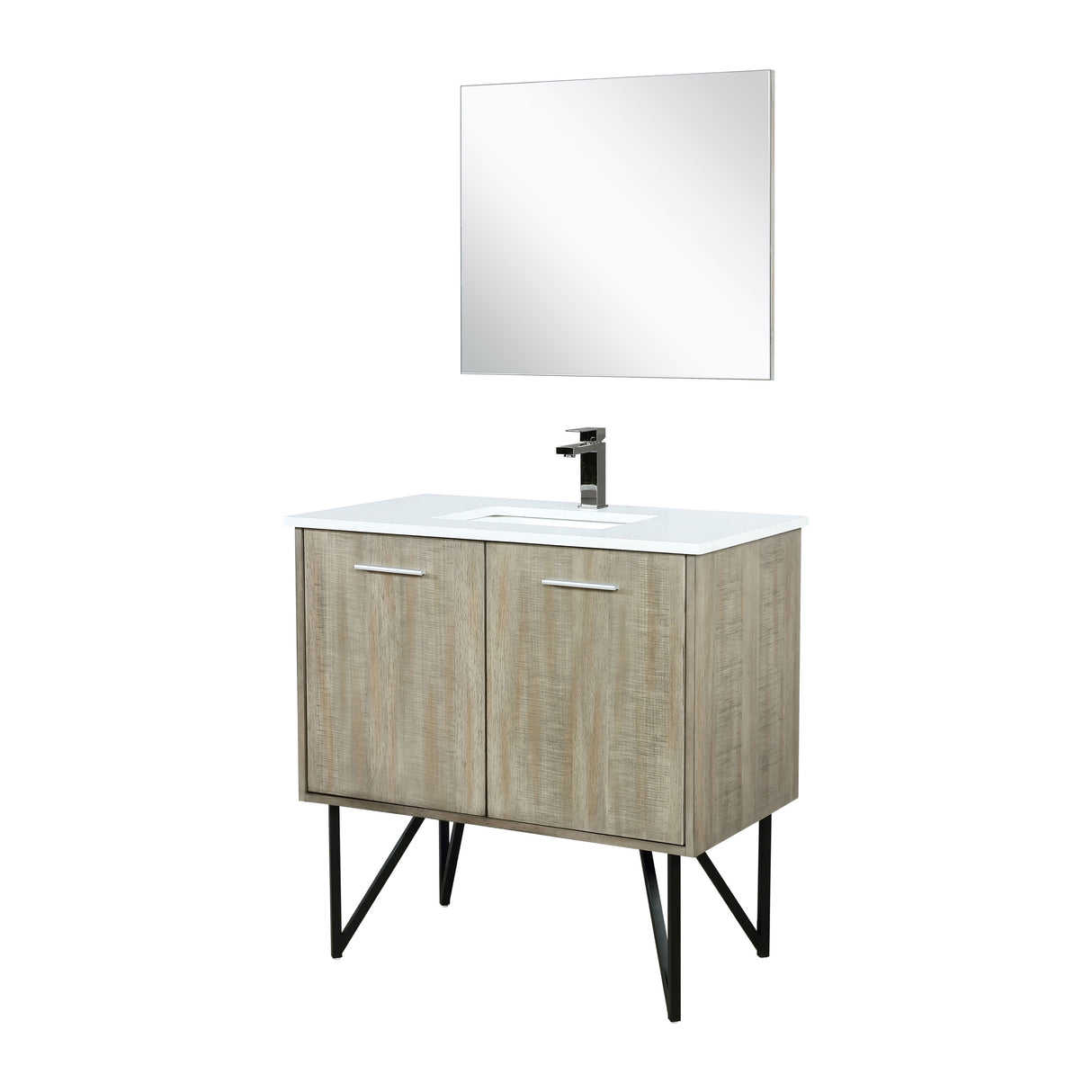 Lancy 36" Rustic Acacia Bathroom Vanity, White Quartz Top, White Square Sink, Balzani Gun Metal Faucet Set, and 28" Frameless Mirror