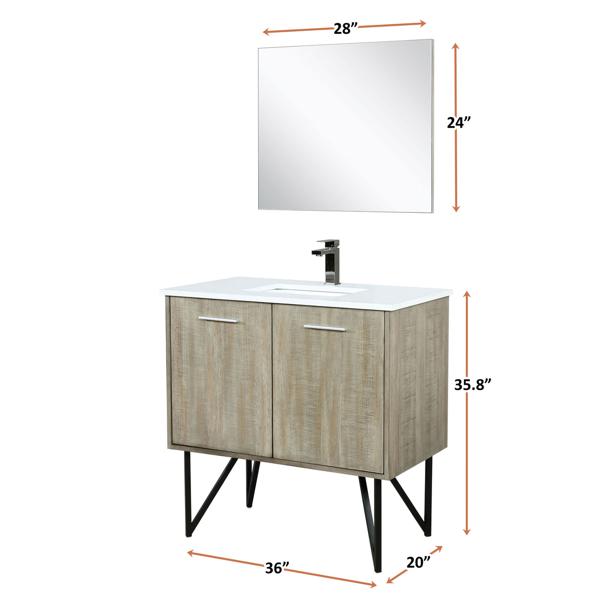Lancy 36" Rustic Acacia Bathroom Vanity, White Quartz Top, White Square Sink, Balzani Gun Metal Faucet Set, and 28" Frameless Mirror