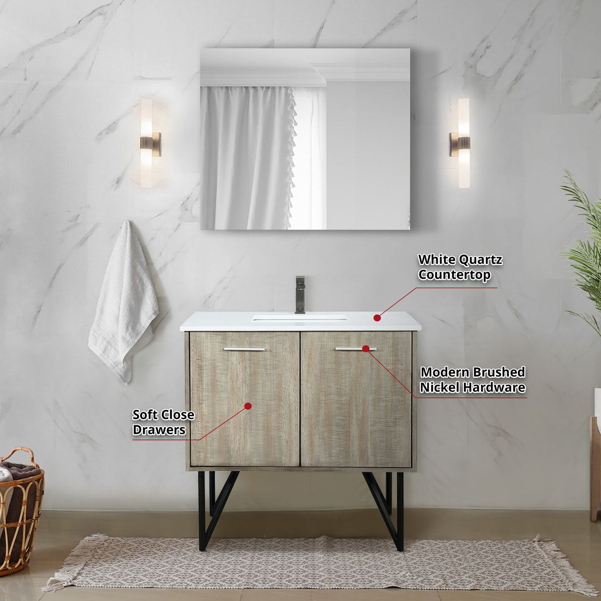 Lancy 36" Rustic Acacia Bathroom Vanity, White Quartz Top, White Square Sink, Balzani Gun Metal Faucet Set, and 28" Frameless Mirror