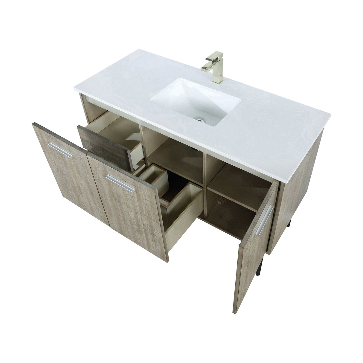 Lancy 48 in. Rustic Acacia Freestanding Bathroom Vanity with White Quartz Top, White Square Sink, and Labaro Brushed Nickel Faucet Set