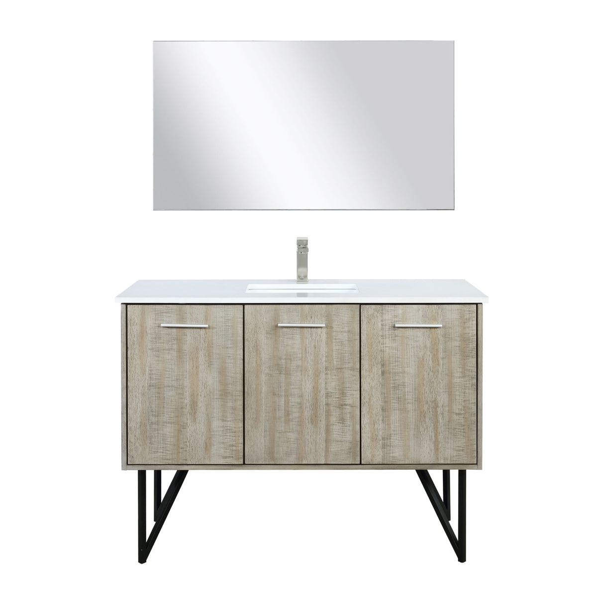 Lancy 48" Rustic Acacia Bathroom Vanity, White Quartz Top, White Square Sink, Labaro Brushed Nickel Faucet Set, and 43" Frameless Mirror