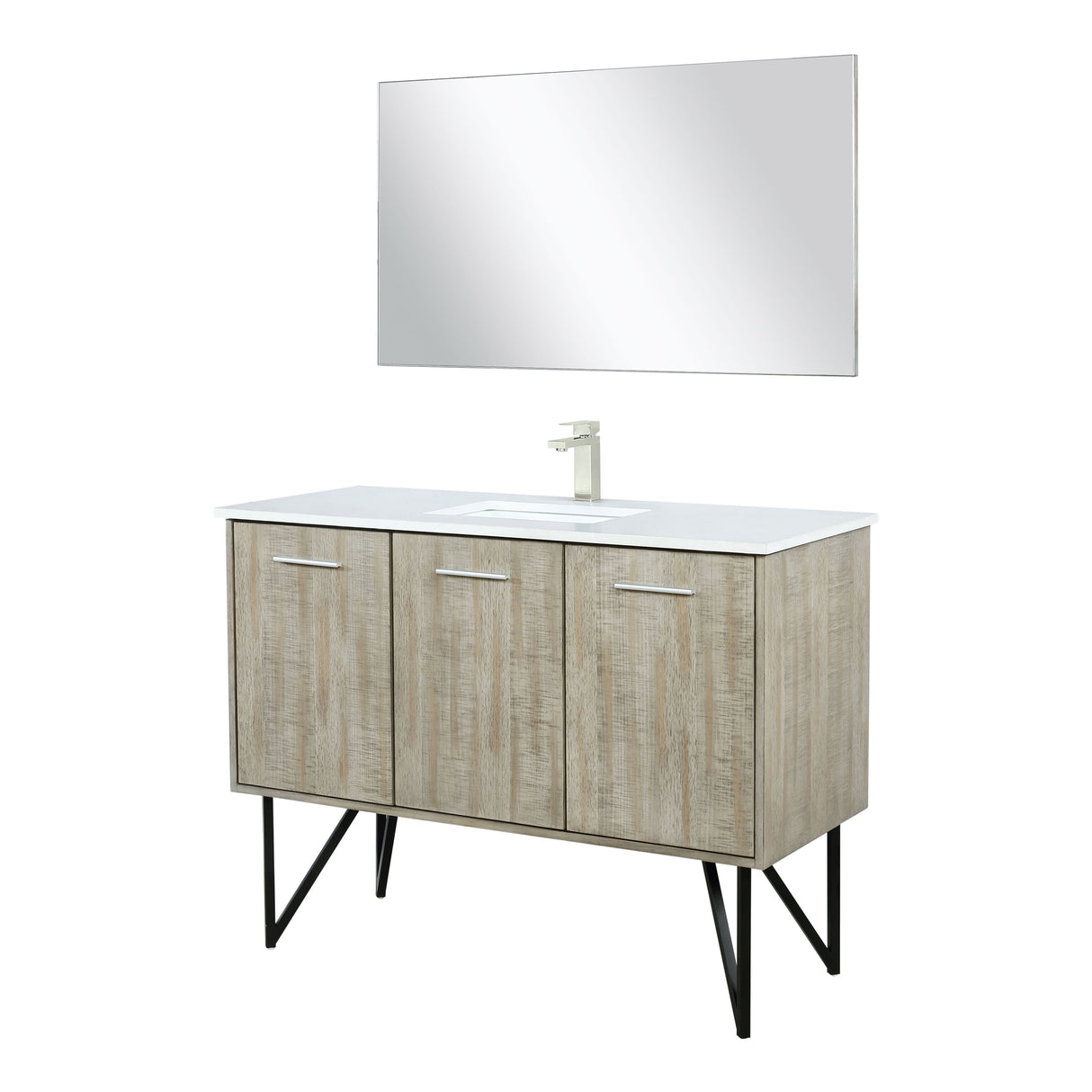 Lancy 48" Rustic Acacia Bathroom Vanity, White Quartz Top, White Square Sink, Labaro Brushed Nickel Faucet Set, and 43" Frameless Mirror