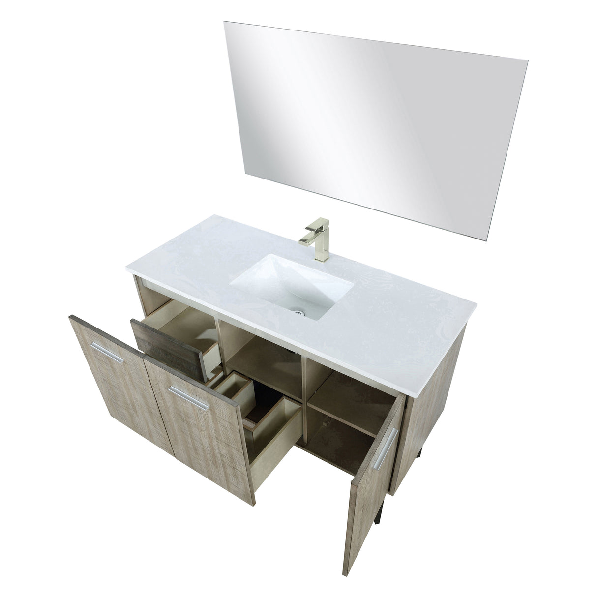 Lancy 48" Rustic Acacia Bathroom Vanity, White Quartz Top, White Square Sink, Labaro Brushed Nickel Faucet Set, and 43" Frameless Mirror