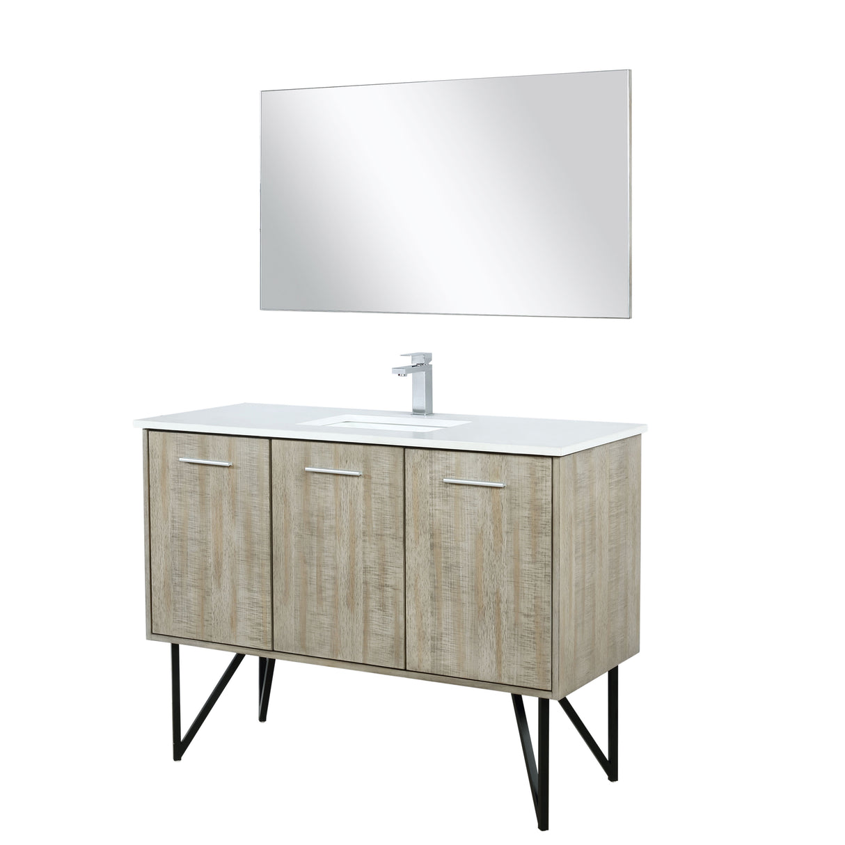 Lancy 48" Rustic Acacia Bathroom Vanity, White Quartz Top, White Square Sink, Monte Chrome Faucet Set, and 43" Frameless Mirror
