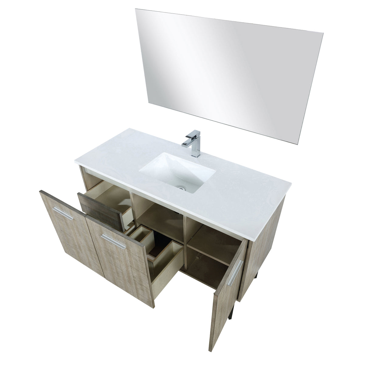 Lancy 48" Rustic Acacia Bathroom Vanity, White Quartz Top, White Square Sink, Monte Chrome Faucet Set, and 43" Frameless Mirror