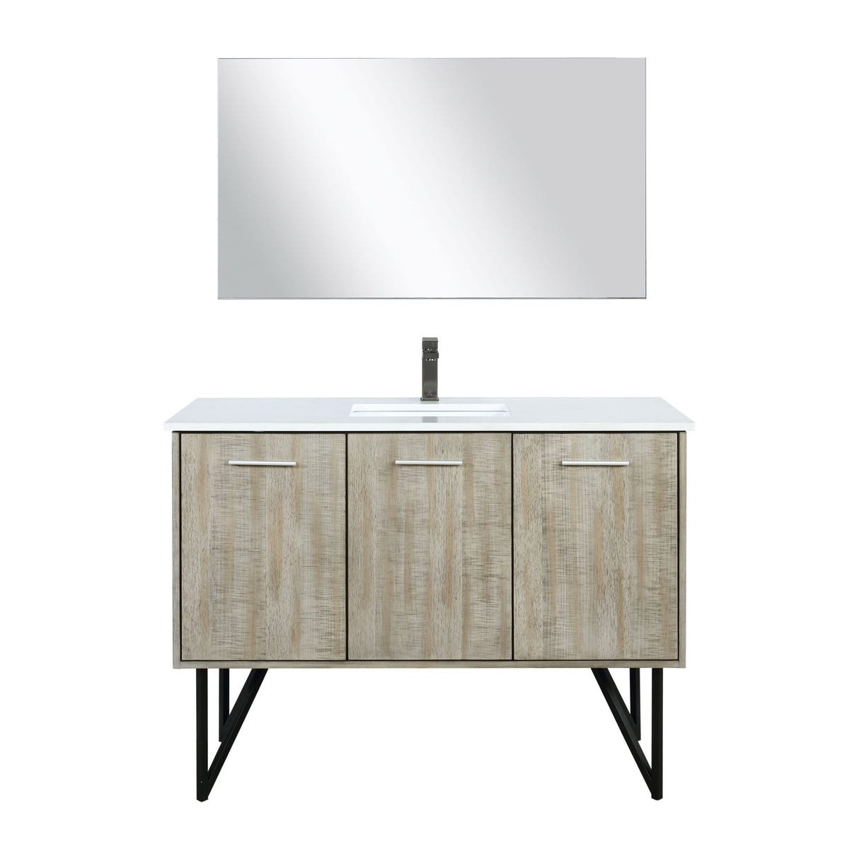 Lancy 48" Rustic Acacia Bathroom Vanity, White Quartz Top, White Square Sink, Balzani Gun Metal Faucet Set, and 43" Frameless Mirror