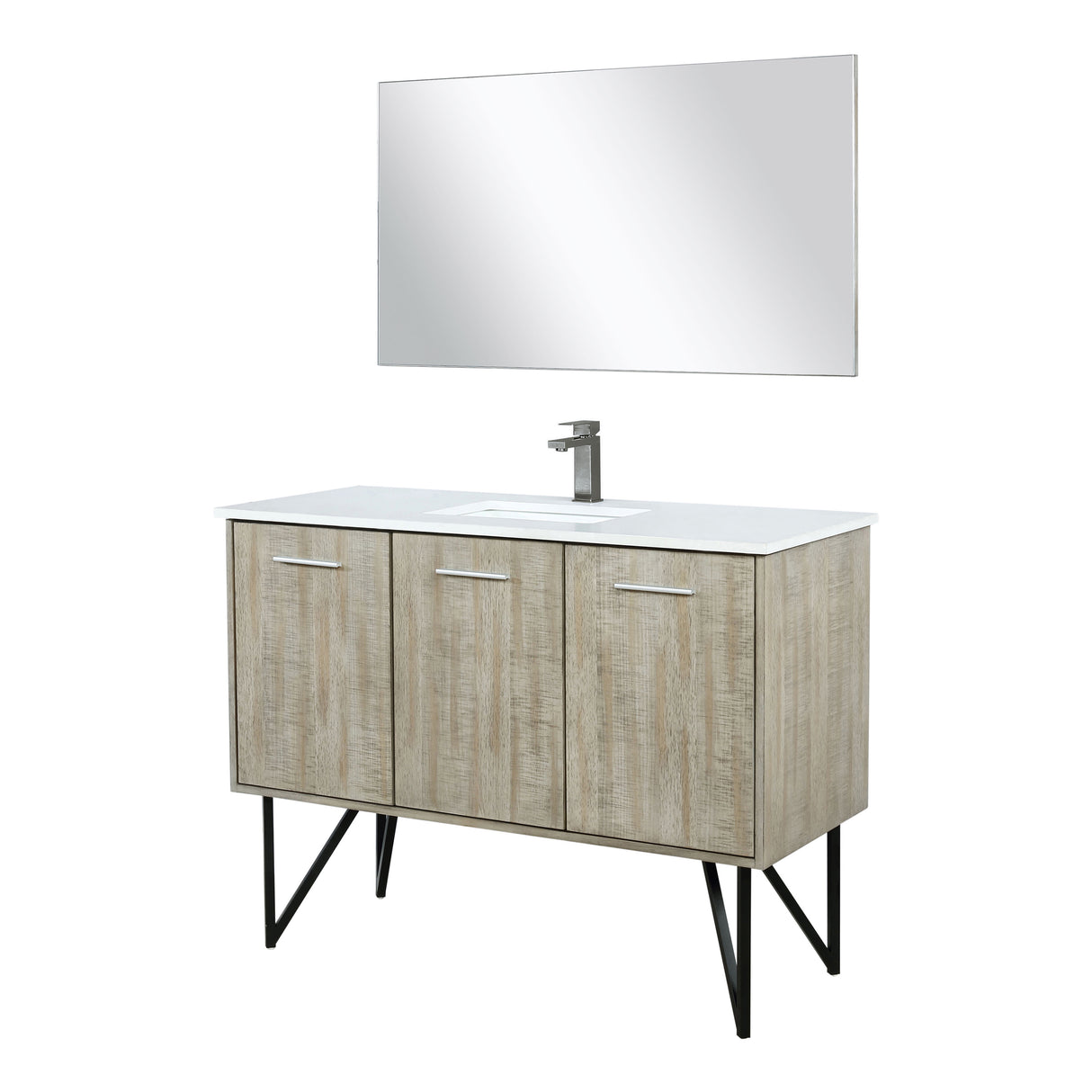 Lancy 48" Rustic Acacia Bathroom Vanity, White Quartz Top, White Square Sink, Balzani Gun Metal Faucet Set, and 43" Frameless Mirror