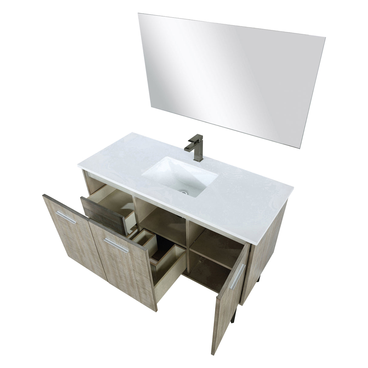 Lancy 48" Rustic Acacia Bathroom Vanity, White Quartz Top, White Square Sink, Balzani Gun Metal Faucet Set, and 43" Frameless Mirror