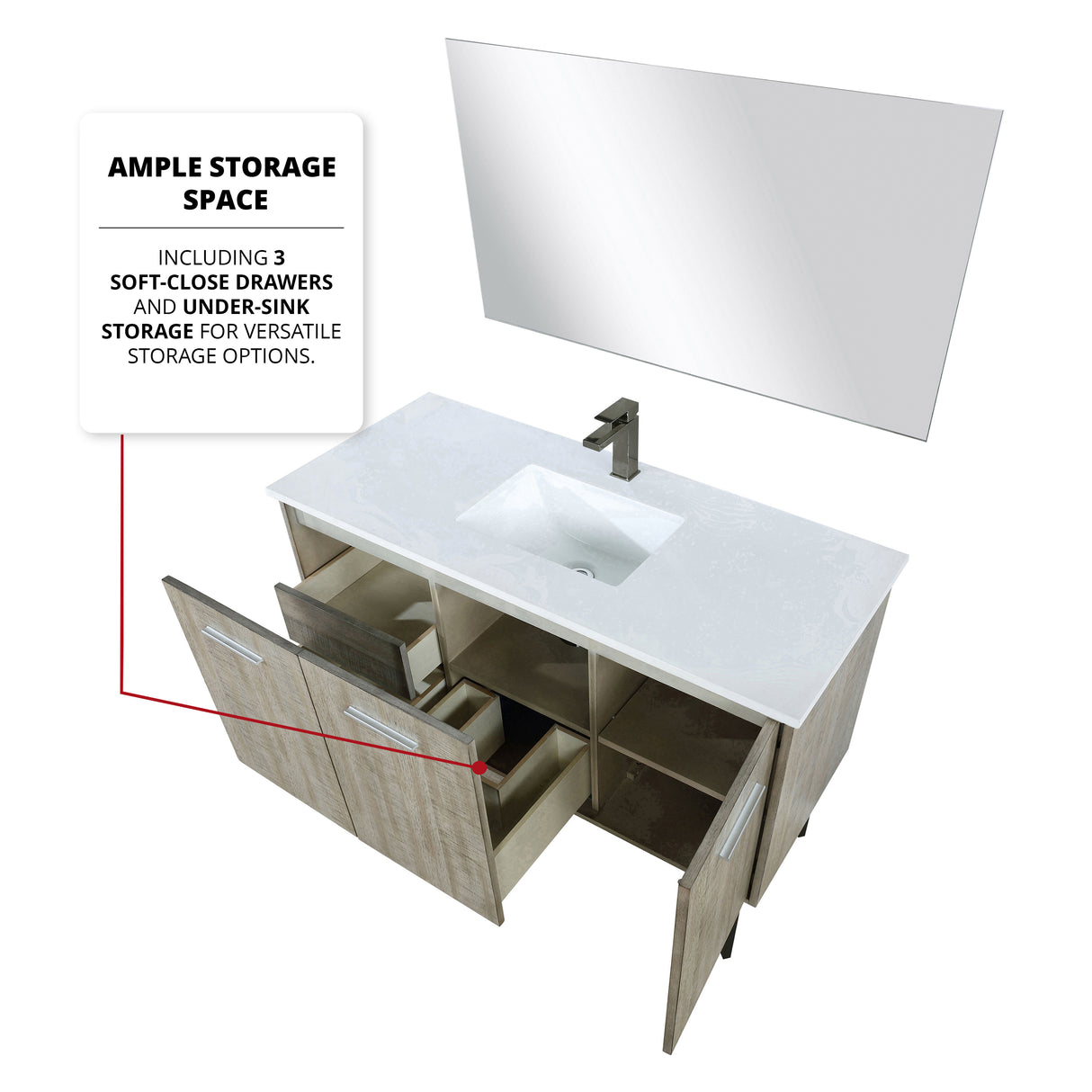 Lancy 48" Rustic Acacia Bathroom Vanity, White Quartz Top, White Square Sink, Balzani Gun Metal Faucet Set, and 43" Frameless Mirror