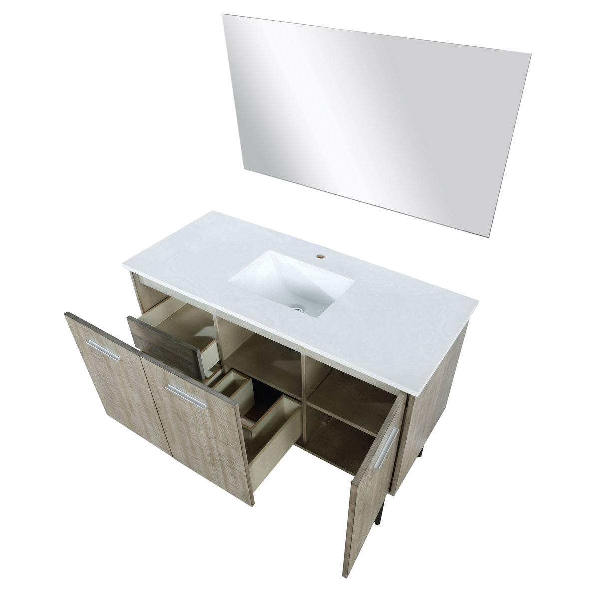 Lancy 48" Rustic Acacia Bathroom Vanity, White Quartz Top, White Square Sink, and 43" Frameless Mirror