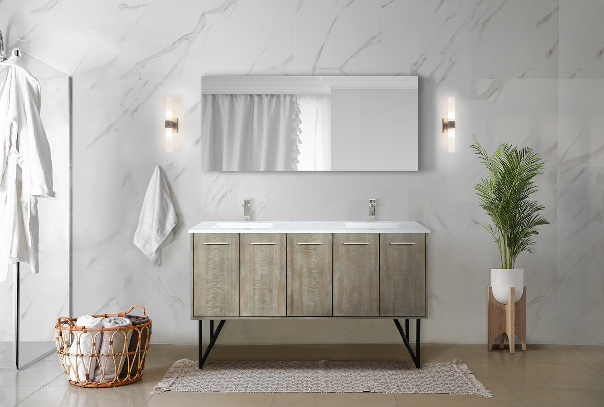 Lancy 60" Rustic Acacia Double Bathroom Vanity, White Quartz Top, White Square Sinks, Labaro Brushed Nickel Faucet Set, and 55" Frameless Mirror