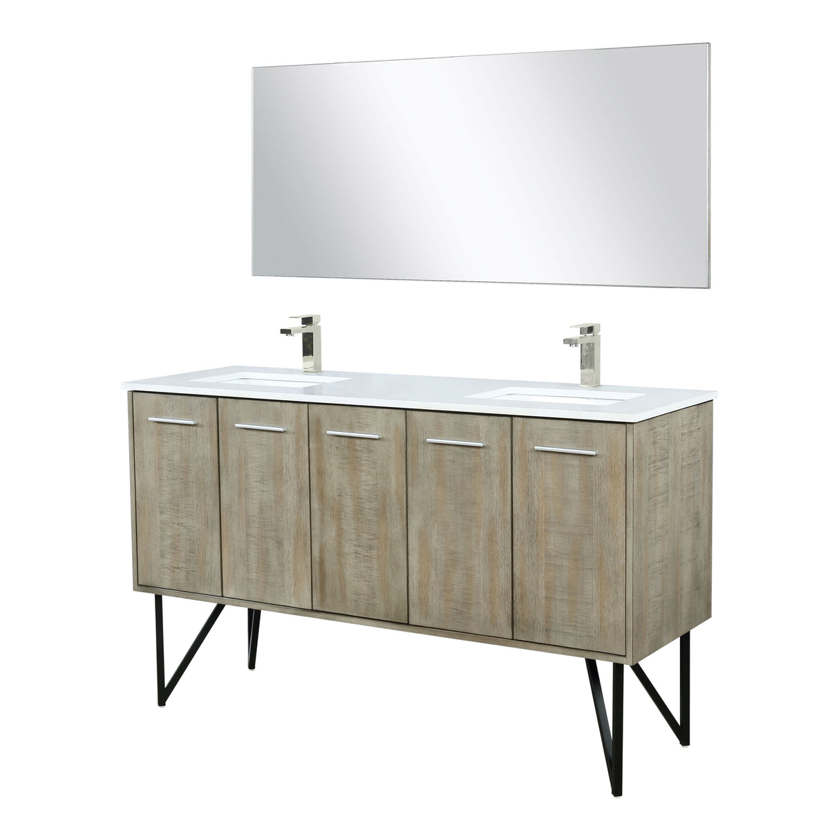 Lancy 60" Rustic Acacia Double Bathroom Vanity, White Quartz Top, White Square Sinks, Labaro Brushed Nickel Faucet Set, and 55" Frameless Mirror