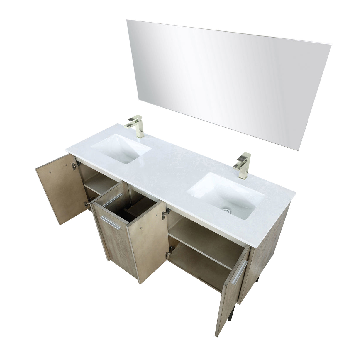 Lancy 60" Rustic Acacia Double Bathroom Vanity, White Quartz Top, White Square Sinks, Labaro Brushed Nickel Faucet Set, and 55" Frameless Mirror