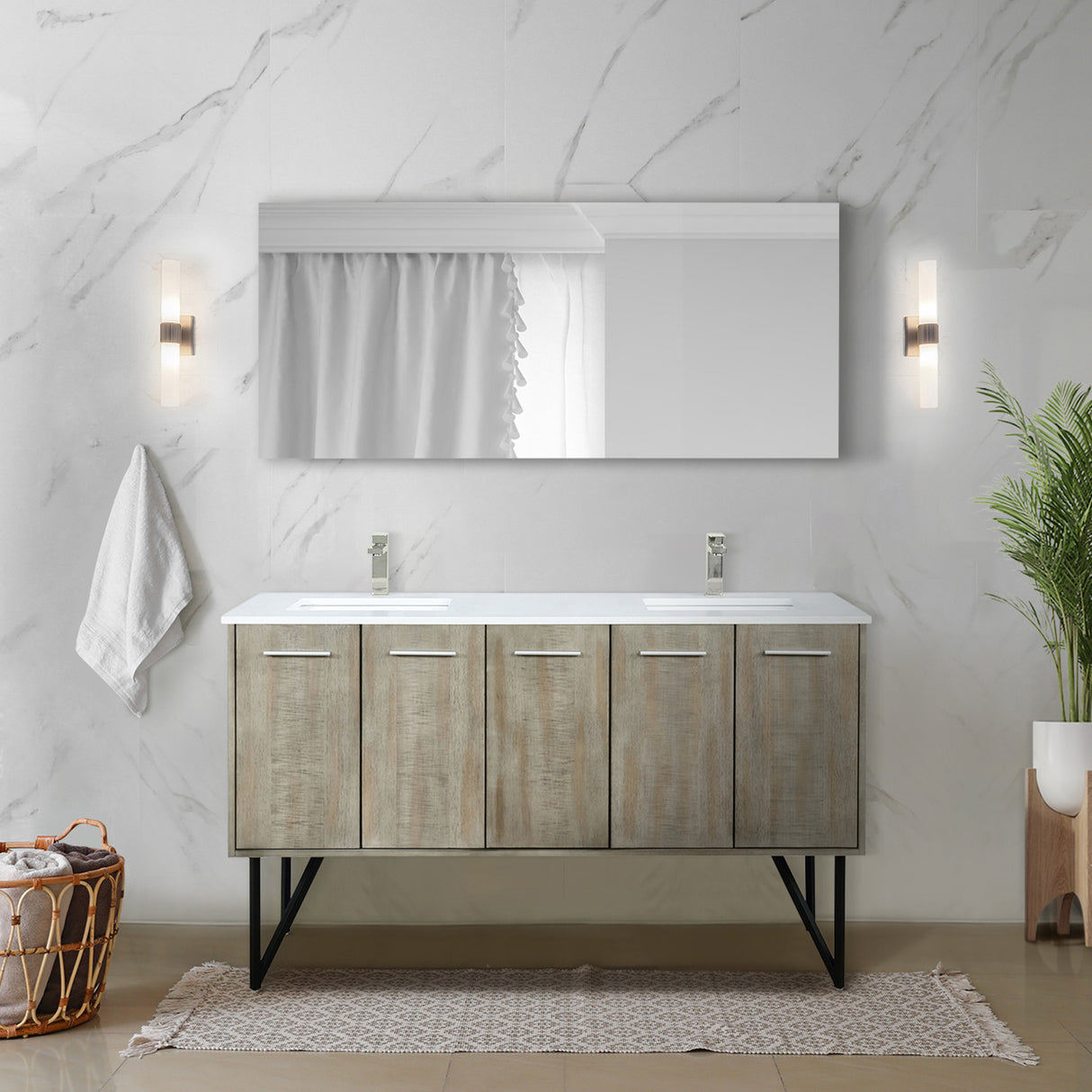 Lancy 60" Rustic Acacia Double Bathroom Vanity, White Quartz Top, White Square Sinks, Labaro Brushed Nickel Faucet Set, and 55" Frameless Mirror