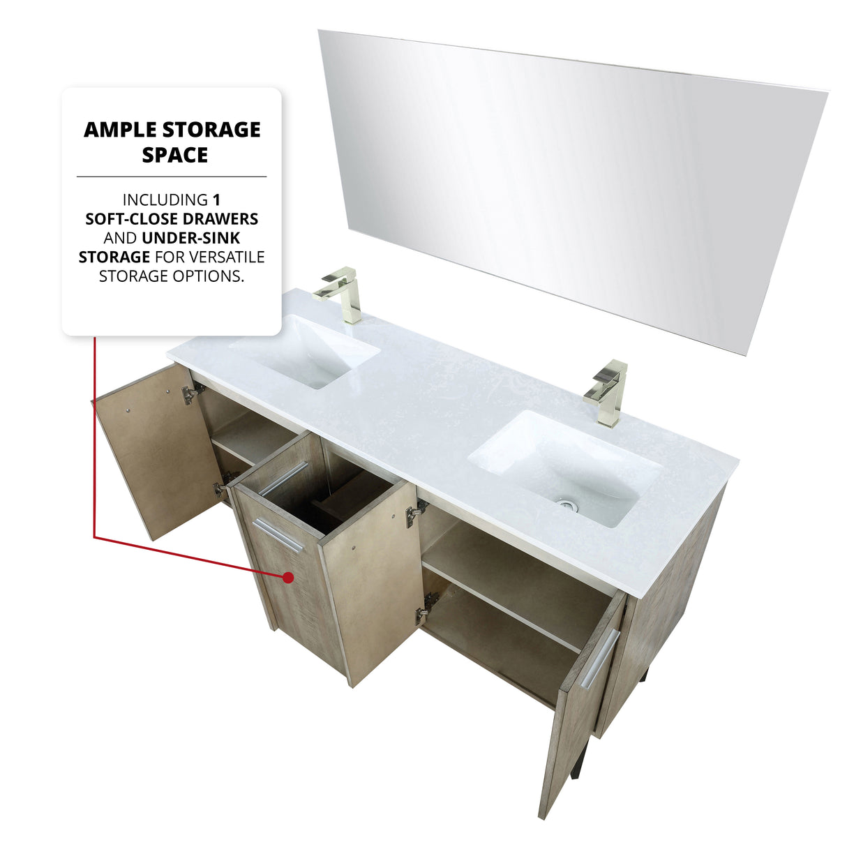 Lancy 60" Rustic Acacia Double Bathroom Vanity, White Quartz Top, White Square Sinks, Labaro Brushed Nickel Faucet Set, and 55" Frameless Mirror
