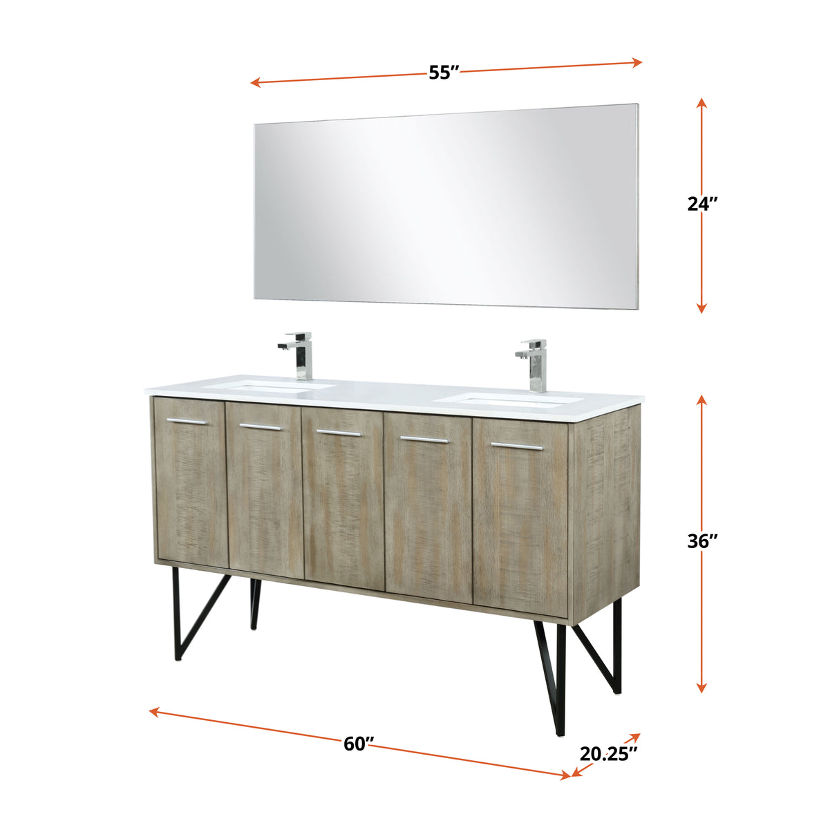 Lancy 60" Rustic Acacia Double Bathroom Vanity, White Quartz Top, White Square Sinks, and 55" Frameless Mirror