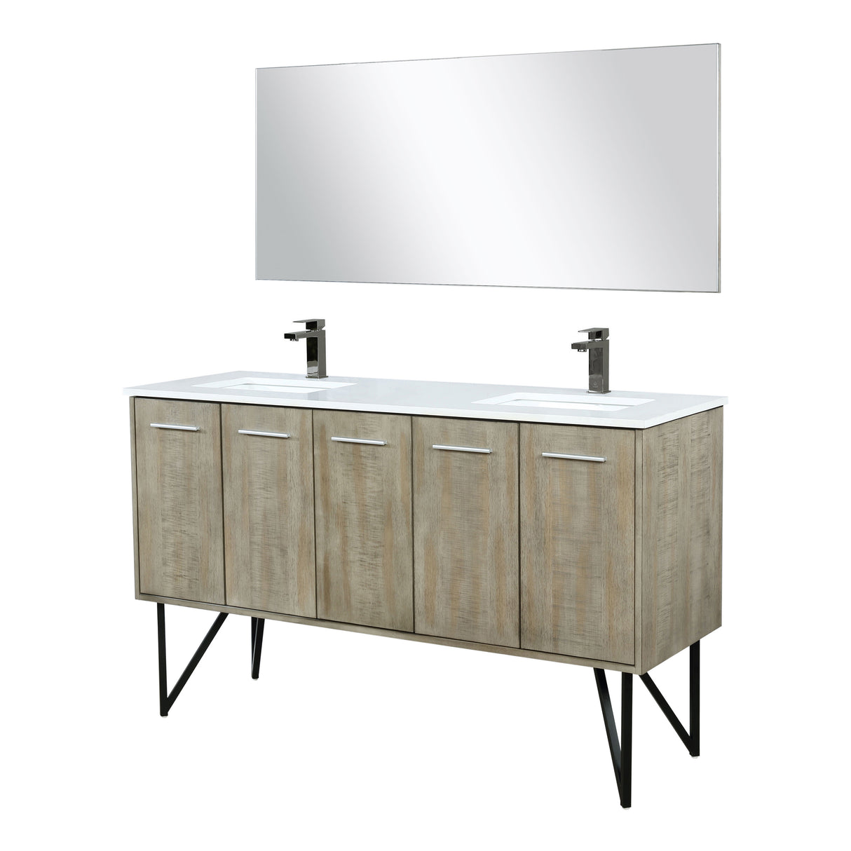 Lancy 60" Rustic Acacia Double Bathroom Vanity, White Quartz Top, White Square Sinks, Balzani Gun Metal Faucet Set, and 55" Frameless Mirror
