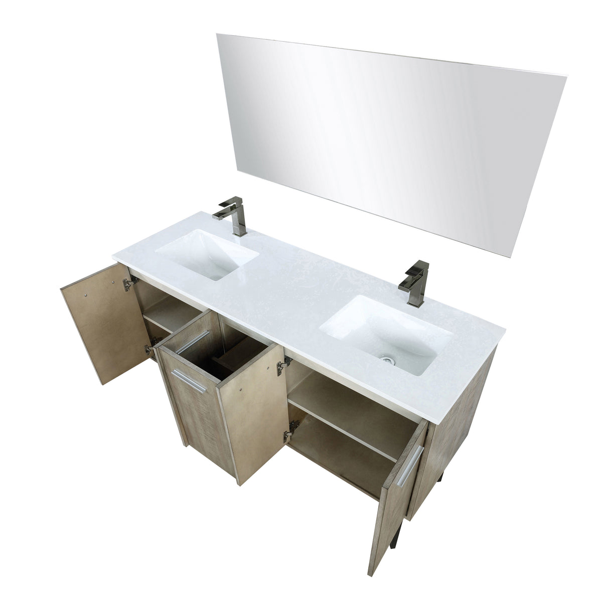 Lancy 60" Rustic Acacia Double Bathroom Vanity, White Quartz Top, White Square Sinks, Balzani Gun Metal Faucet Set, and 55" Frameless Mirror