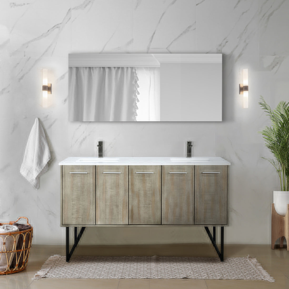 Lancy 60" Rustic Acacia Double Bathroom Vanity, White Quartz Top, White Square Sinks, Balzani Gun Metal Faucet Set, and 55" Frameless Mirror