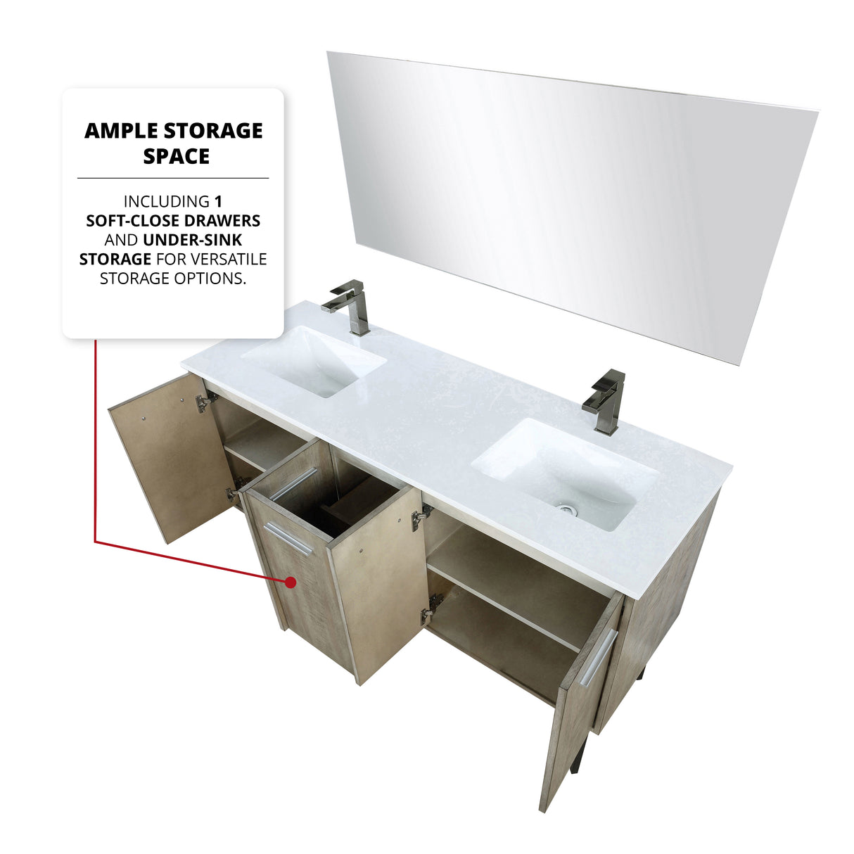 Lancy 60" Rustic Acacia Double Bathroom Vanity, White Quartz Top, White Square Sinks, Balzani Gun Metal Faucet Set, and 55" Frameless Mirror