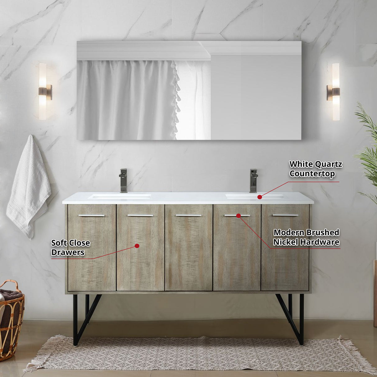 Lancy 60" Rustic Acacia Double Bathroom Vanity, White Quartz Top, White Square Sinks, Balzani Gun Metal Faucet Set, and 55" Frameless Mirror