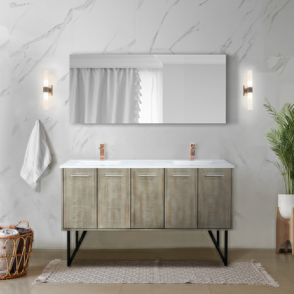 Lancy 60" Rustic Acacia Double Bathroom Vanity, White Quartz Top, White Square Sinks, Monte Chrome Faucet Set, and 55" Frameless Mirror