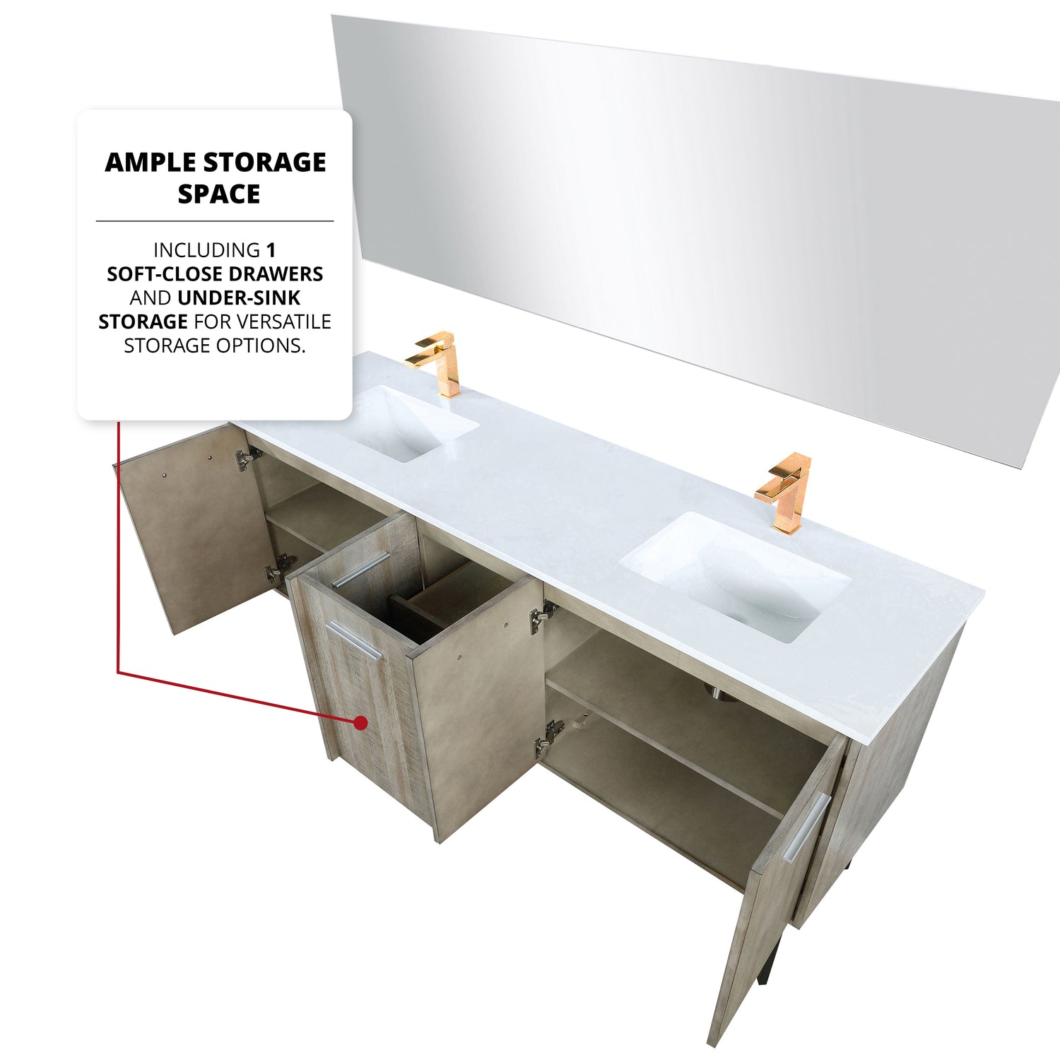 Lancy 72" Rustic Acacia Double Bathroom Vanity, White Quartz Top, White Square Sinks, and 70" Frameless Mirror