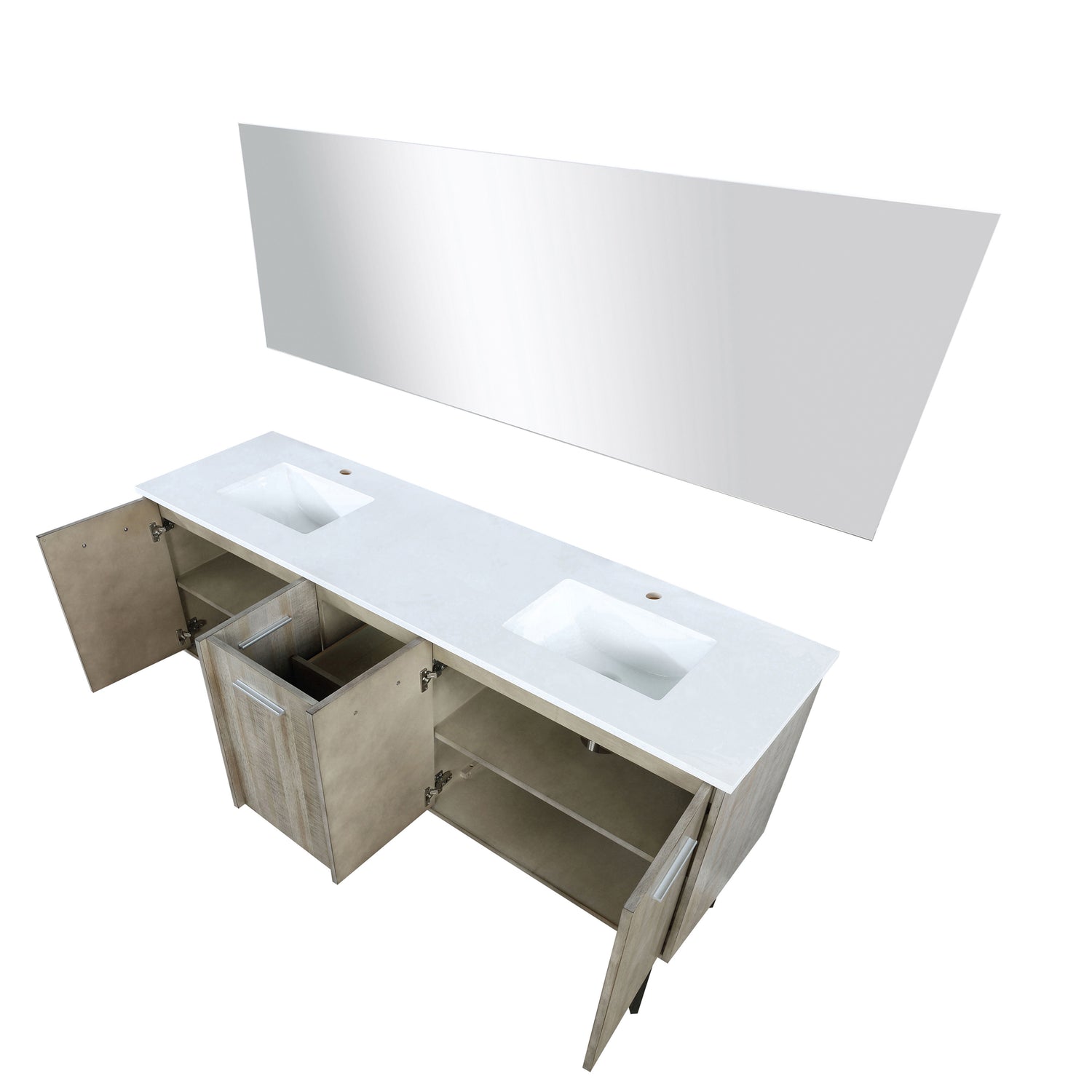 Lancy 72" Rustic Acacia Double Bathroom Vanity, White Quartz Top, White Square Sinks, and 70" Frameless Mirror