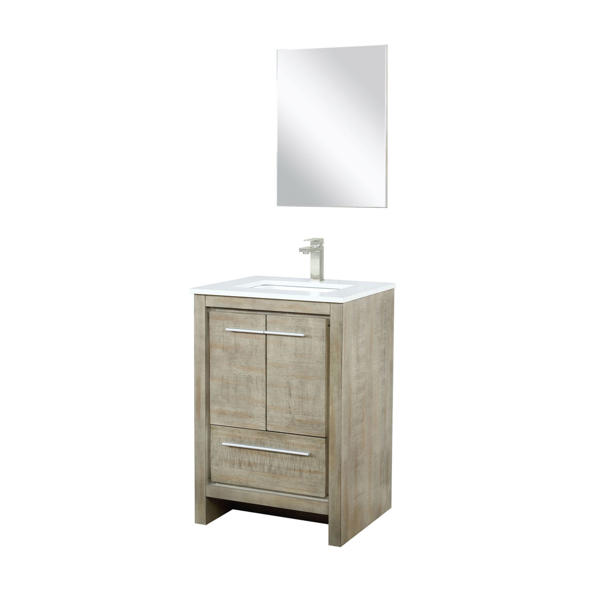 Lafarre 24" Rustic Acacia Bathroom Vanity, White Quartz Top, White Square Sink, Labaro Brushed Nickel Faucet Set, and 18" Frameless Mirror
