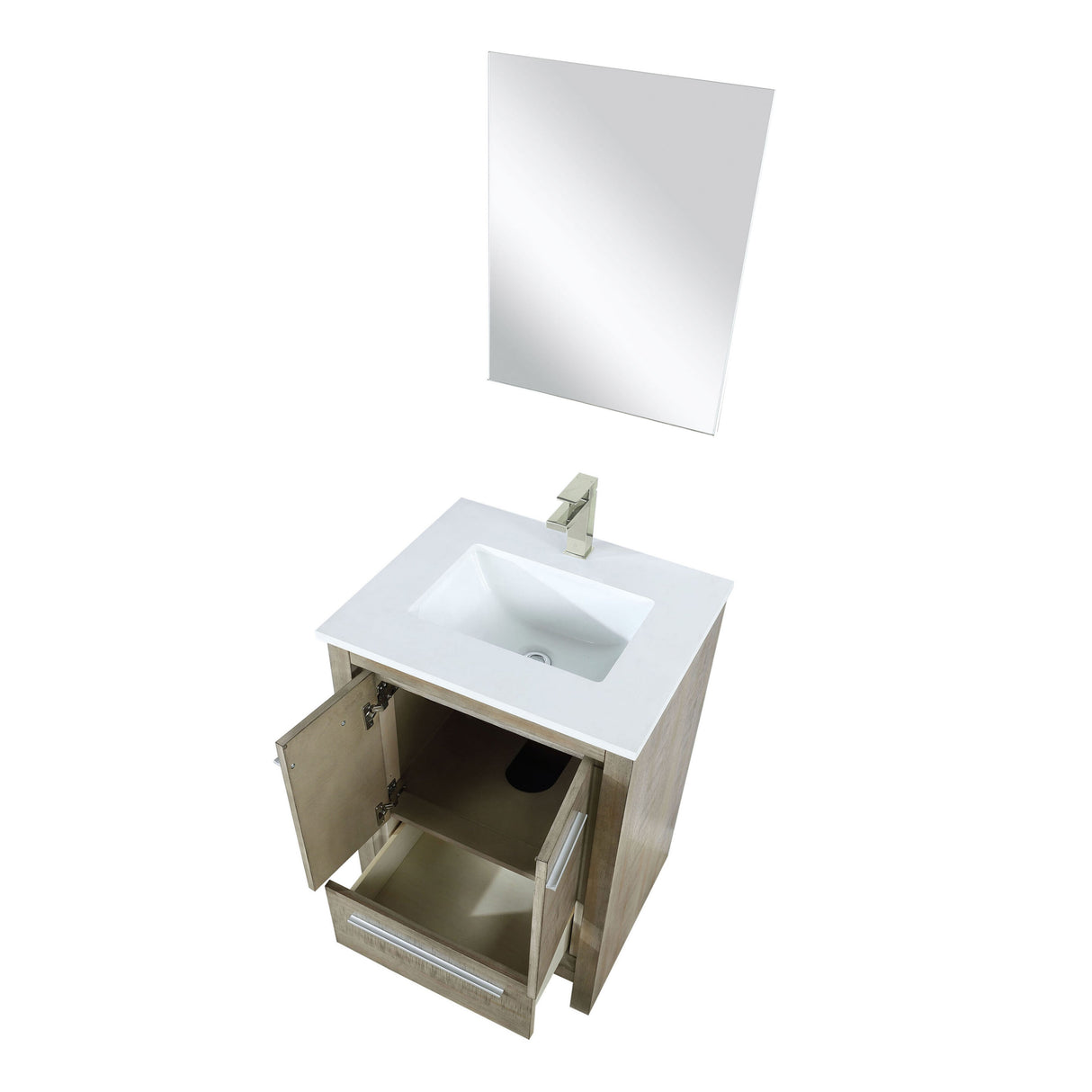 Lafarre 24" Rustic Acacia Bathroom Vanity, White Quartz Top, White Square Sink, Labaro Brushed Nickel Faucet Set, and 18" Frameless Mirror
