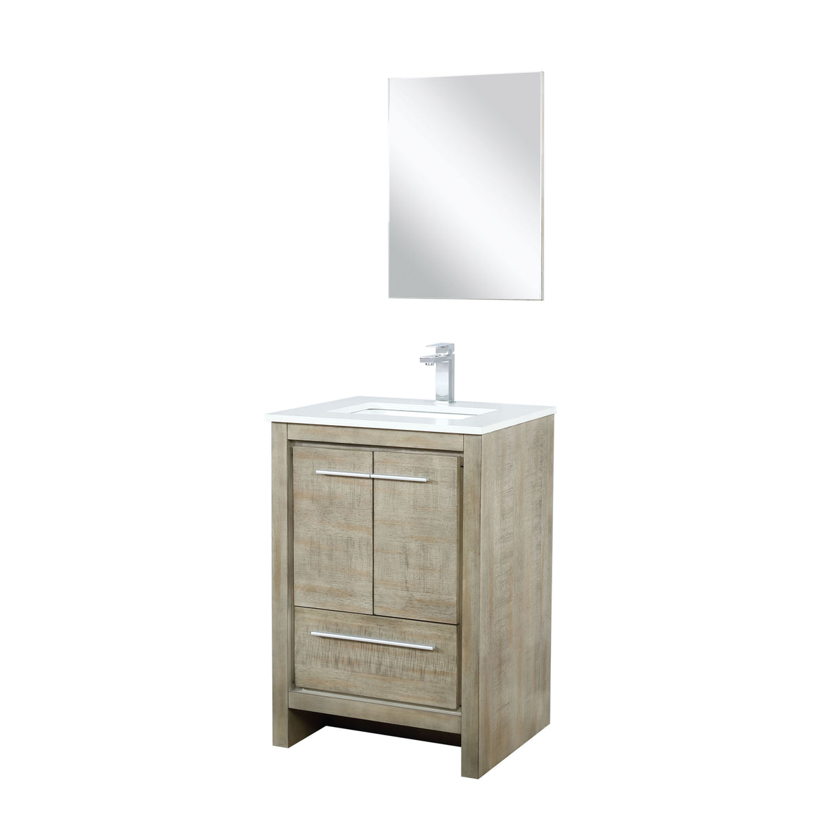 Lafarre 24" Rustic Acacia Bathroom Vanity, White Quartz Top, White Square Sink, Monte Chrome Faucet Set, and 18" Frameless Mirror
