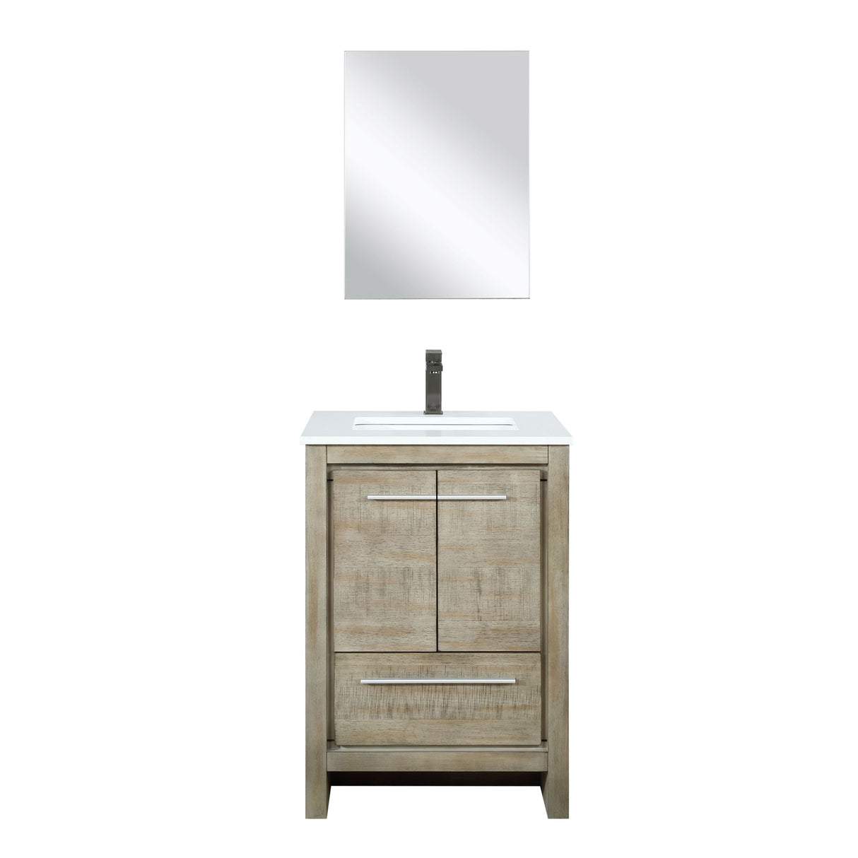 Lafarre 24" Rustic Acacia Bathroom Vanity, White Quartz Top, White Square Sink, Balzani Gun Metal Faucet Set, and 18" Frameless Mirror
