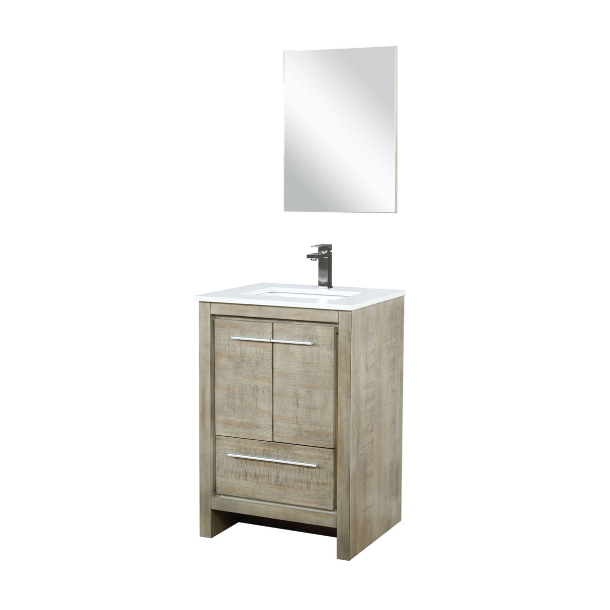 Lafarre 24" Rustic Acacia Bathroom Vanity, White Quartz Top, White Square Sink, Balzani Gun Metal Faucet Set, and 18" Frameless Mirror