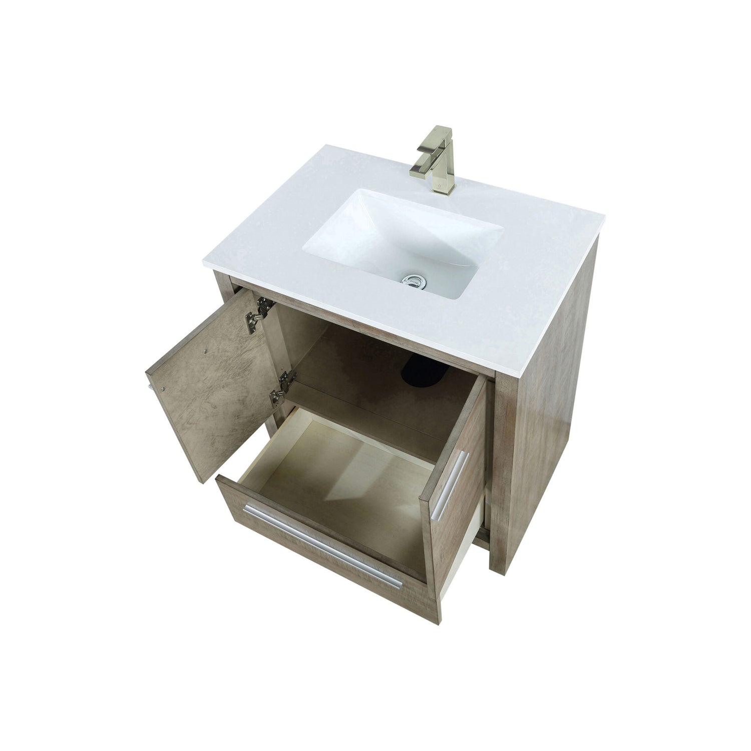 Lafarre 30 in. Rustic Acacia  Freestanding Bathroom Vanity with White Quartz Top, White Square Sink, and Labaro Brushed Nickel Faucet Set