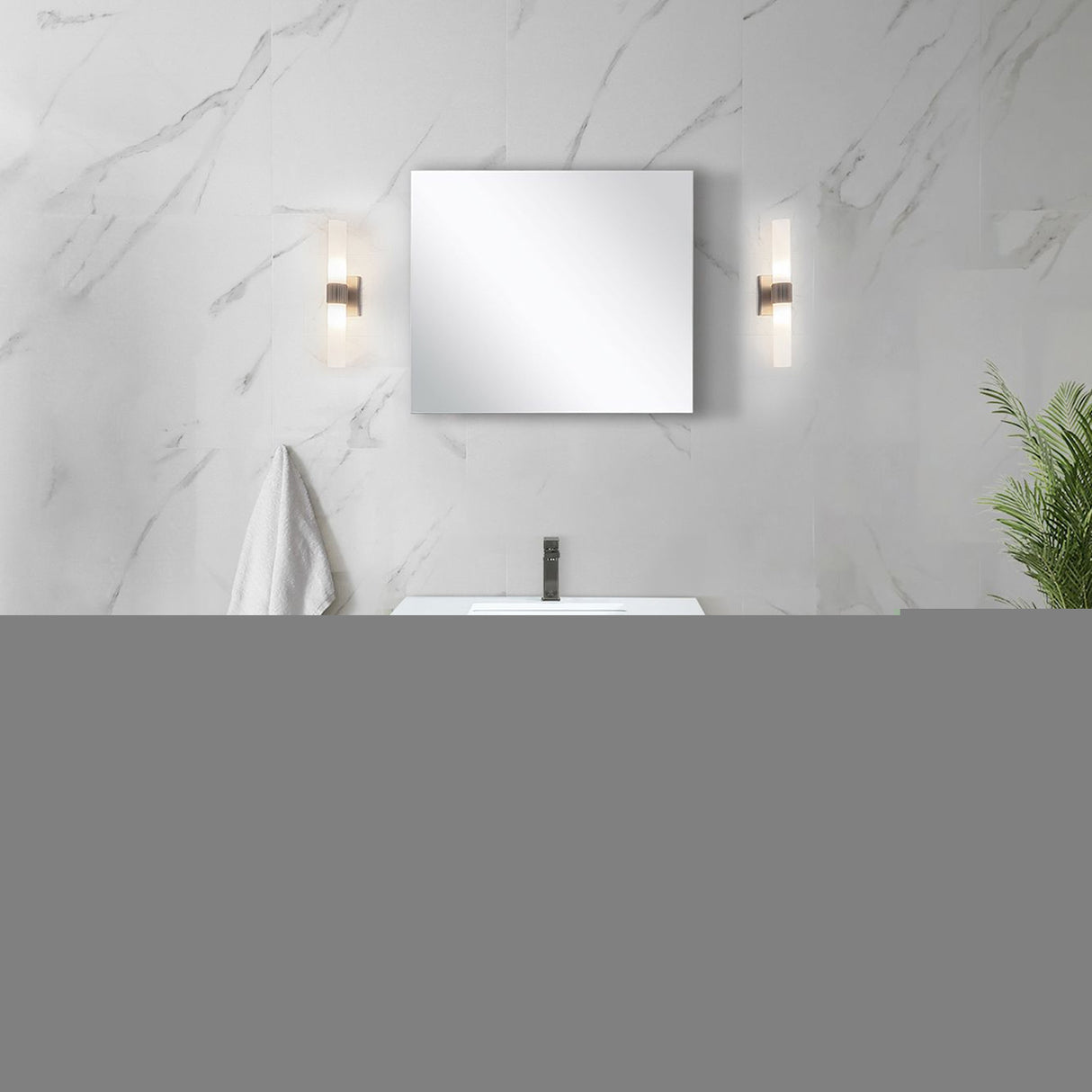 Lafarre 30" Rustic Acacia Bathroom Vanity, White Quartz Top, White Square Sink, Monte Chrome Faucet Set, and 28" Frameless Mirror