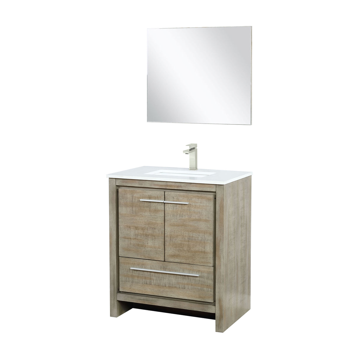Lafarre 30" Rustic Acacia Bathroom Vanity, White Quartz Top, White Square Sink, Labaro Brushed Nickel Faucet Set, and 28" Frameless Mirror