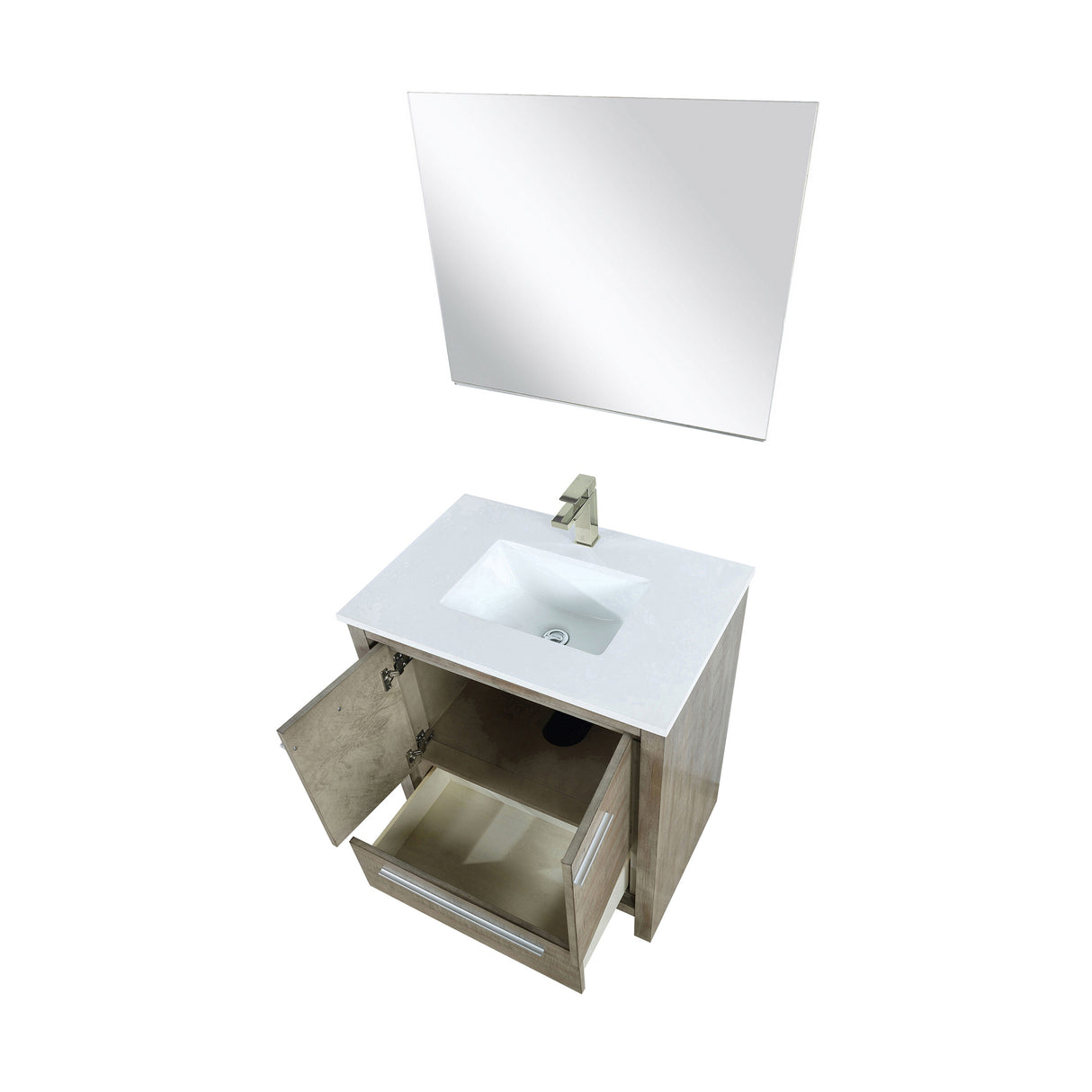 Lafarre 30" Rustic Acacia Bathroom Vanity, White Quartz Top, White Square Sink, Labaro Brushed Nickel Faucet Set, and 28" Frameless Mirror