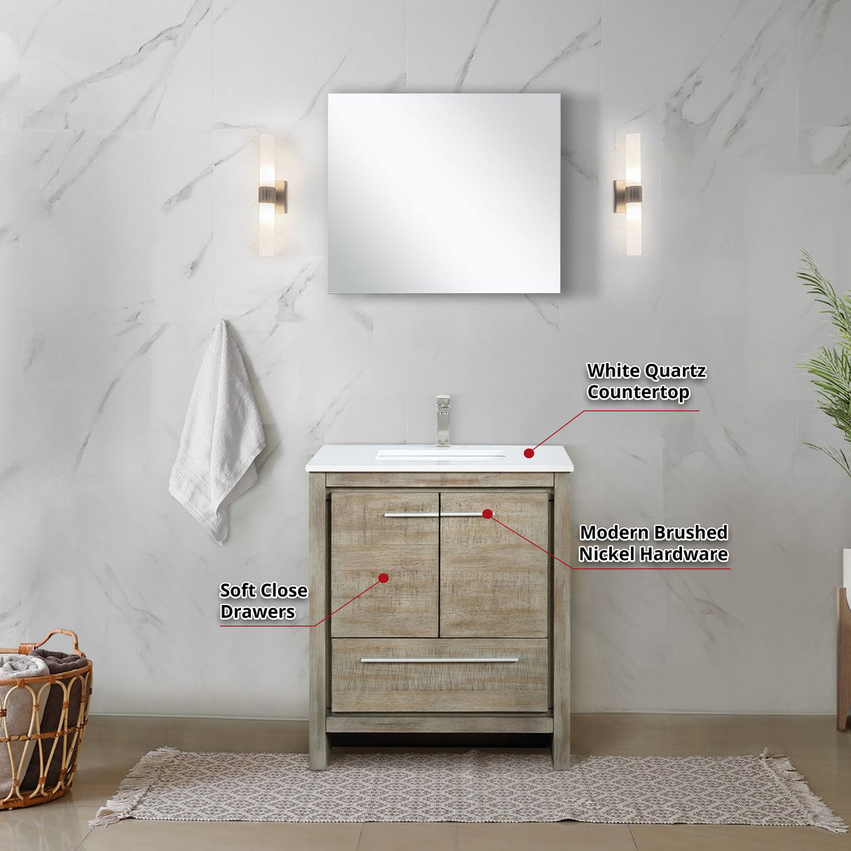 Lafarre 30 in. Rustic Acacia  Freestanding Bathroom Vanity with White Quartz Top, White Square Sink, and Labaro Brushed Nickel Faucet Set