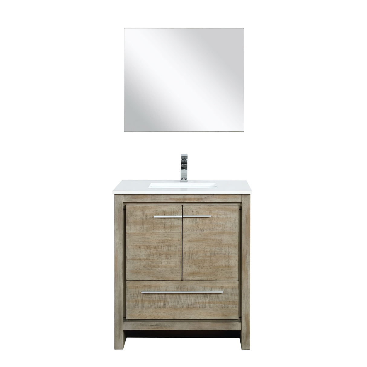Lafarre 30" Rustic Acacia Bathroom Vanity, White Quartz Top, White Square Sink, Monte Chrome Faucet Set, and 28" Frameless Mirror