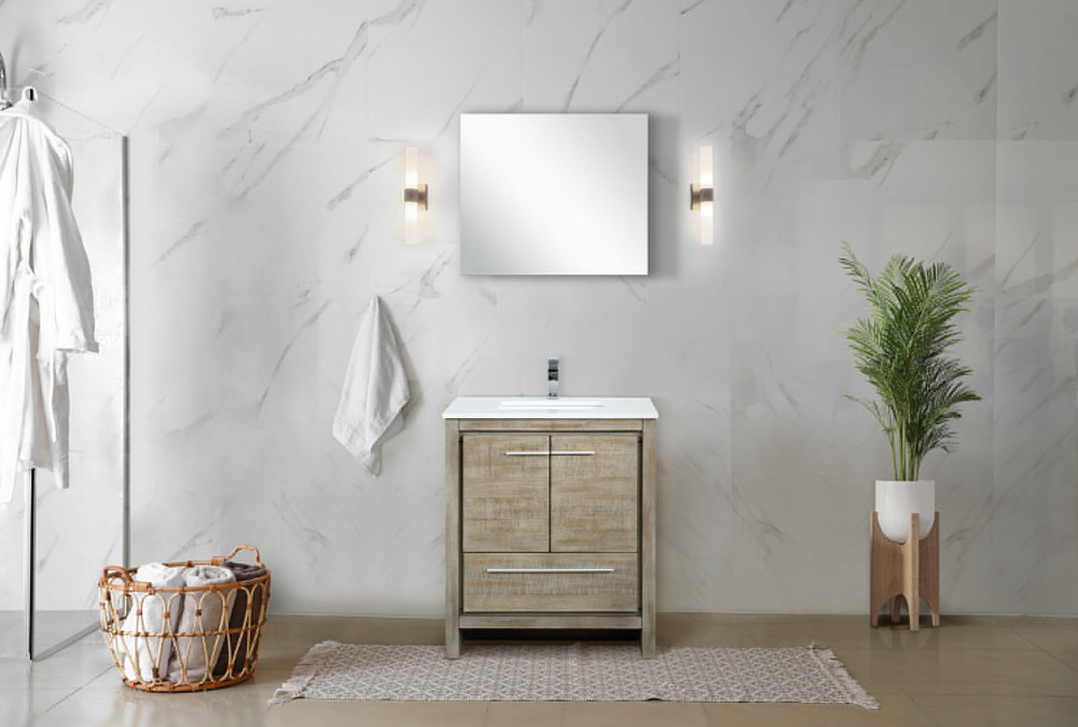 Lafarre 30" Rustic Acacia Bathroom Vanity, White Quartz Top, White Square Sink, Monte Chrome Faucet Set, and 28" Frameless Mirror