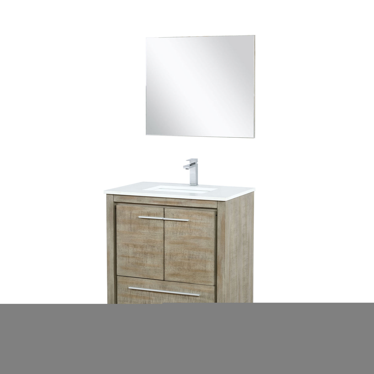 Lafarre 30" Rustic Acacia Bathroom Vanity, White Quartz Top, White Square Sink, Monte Chrome Faucet Set, and 28" Frameless Mirror