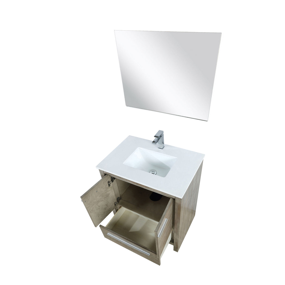 Lafarre 30" Rustic Acacia Bathroom Vanity, White Quartz Top, White Square Sink, Monte Chrome Faucet Set, and 28" Frameless Mirror