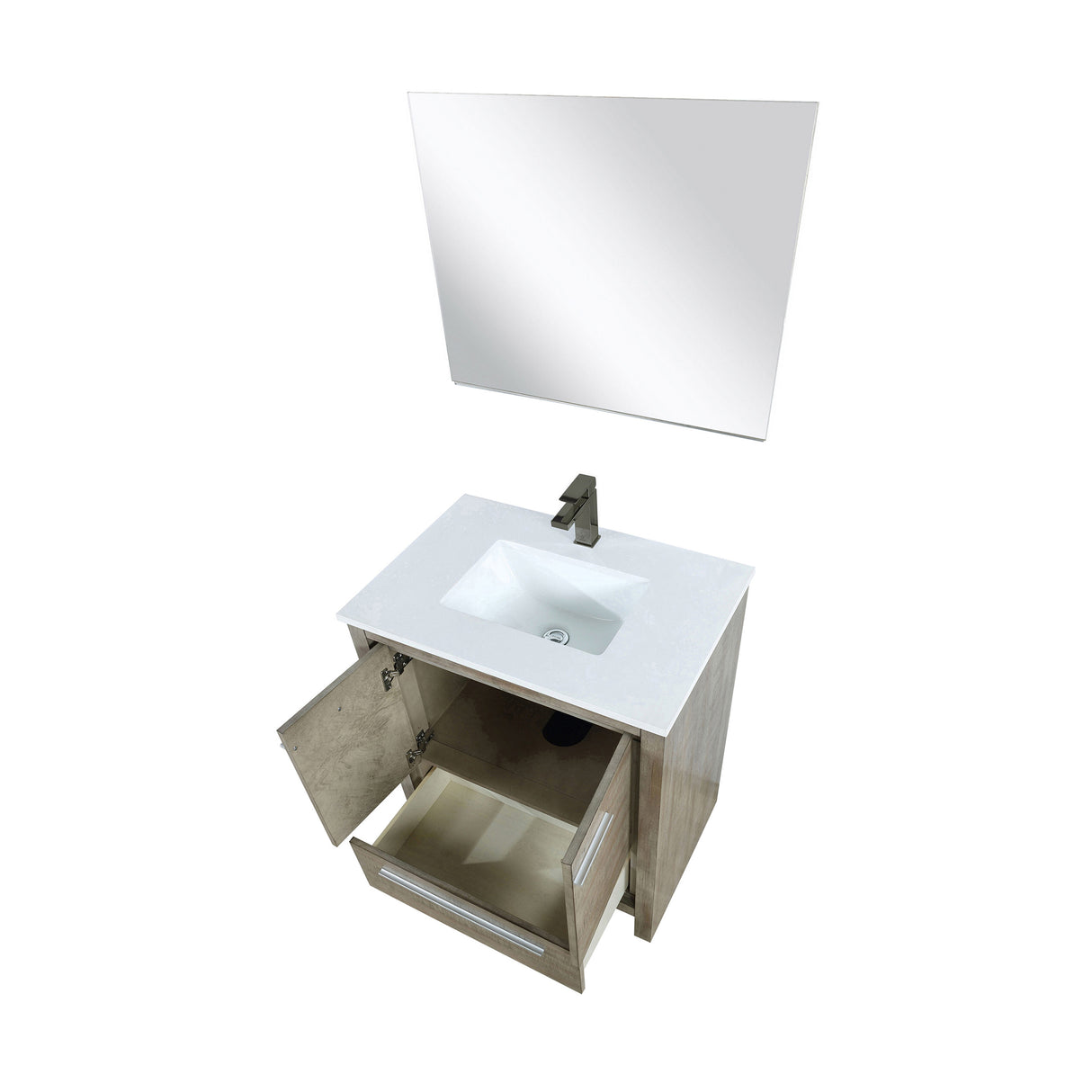 Lafarre 30" Rustic Acacia Bathroom Vanity, White Quartz Top, White Square Sink, Balzani Gun Metal Faucet Set, and 28" Frameless Mirror