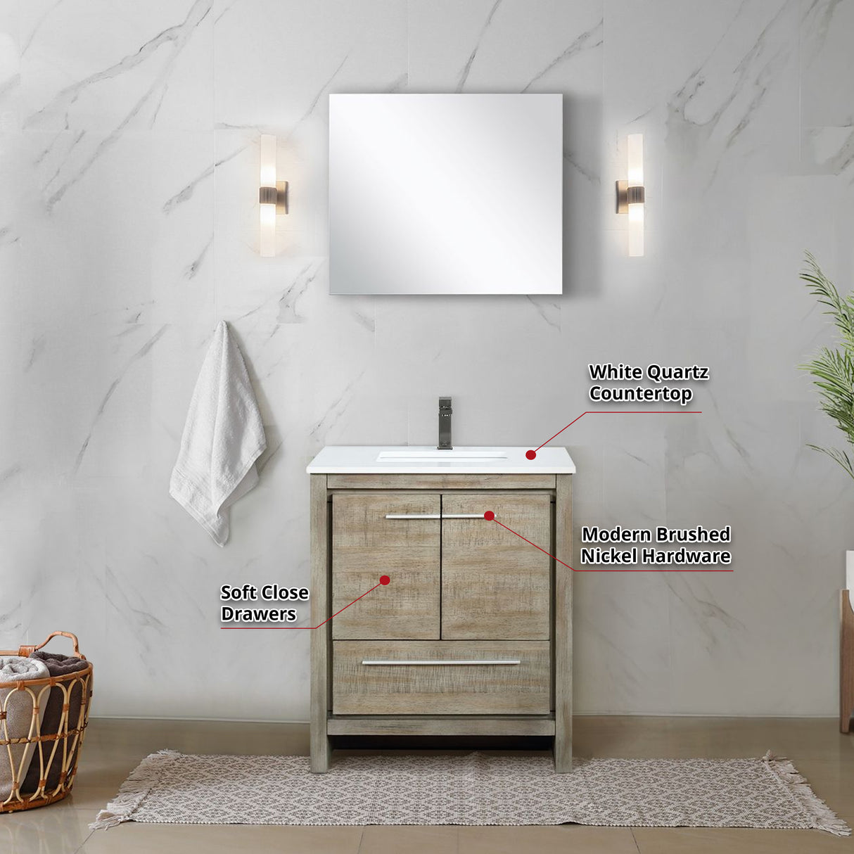 Lafarre 30" Rustic Acacia Bathroom Vanity, White Quartz Top, White Square Sink, Balzani Gun Metal Faucet Set, and 28" Frameless Mirror