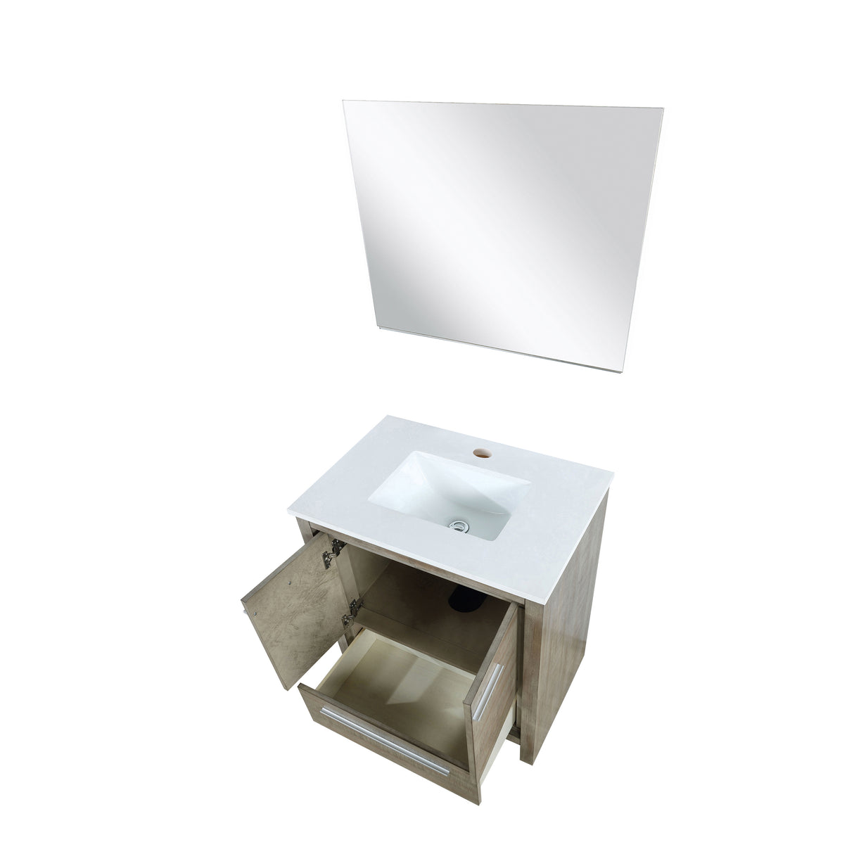 Lafarre 30" Rustic Acacia Bathroom Vanity, White Quartz Top, White Square Sink, and 28" Frameless Mirror