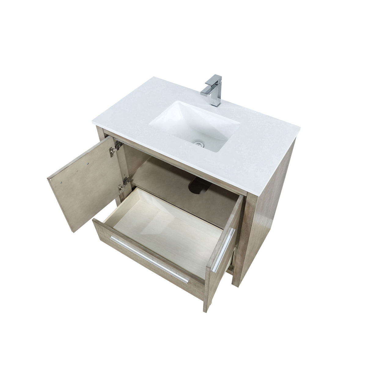 Lafarre 36 in. Rustic Acacia Freestanding Bathroom Vanity with White Quartz Top, White Square Sink, and Monte Chrome Faucet Set