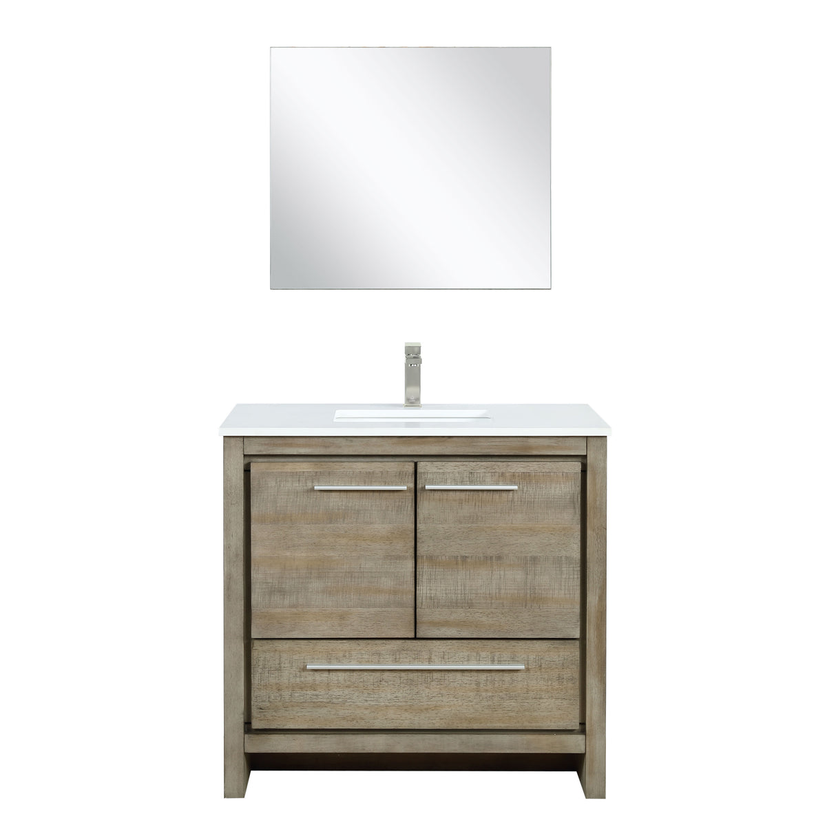 Lafarre 36" Rustic Acacia Bathroom Vanity, White Quartz Top, White Square Sink, Labaro Brushed Nickel Faucet Set, and 28" Frameless Mirror